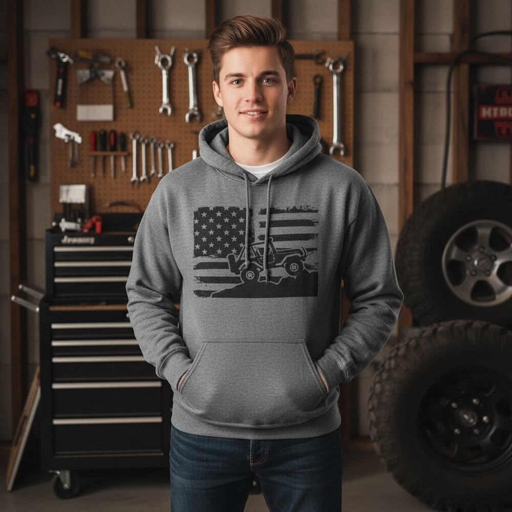 JEEP Unisex Medium American US Flag off road gray jeep Hoodie heavy weight